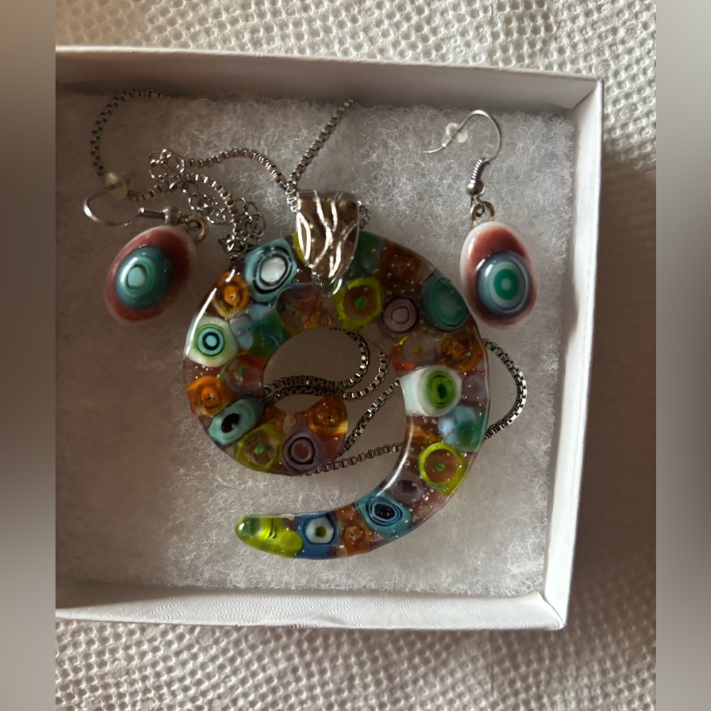 Artisan Fused Glass Swirl Necklace and Earring Set